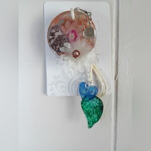 Floral Resin Pendant with Blue Heart Charm- rear view mirror hanger